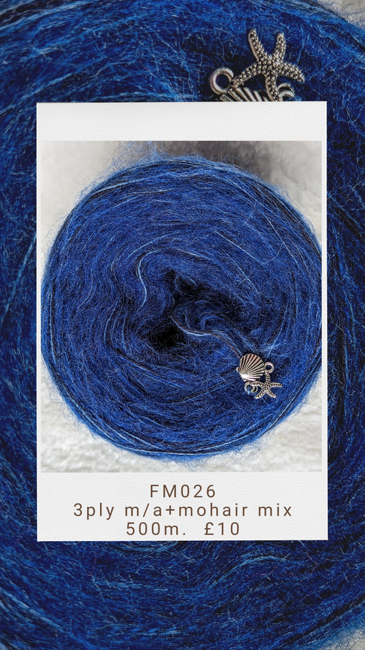 FM026 merino/acrylic melange yarn cake, 150g, about 500m, 3ply+mohair mix thread