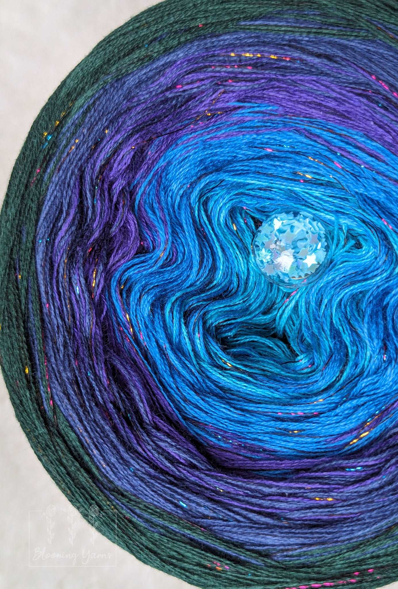 C294 cotton/acrylic ombre yarn cake, 220g, about 1000m, 3ply+lurex thread