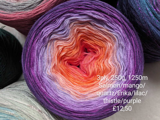 "Coral reef"cotton/acrylic ombre yarn cake, 250g, about 1250m, 3ply