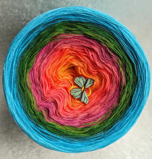 "Flower valley" cotton/acrylic ombre yarn cake, 325g, about 1200m, 4ply, smoothie style