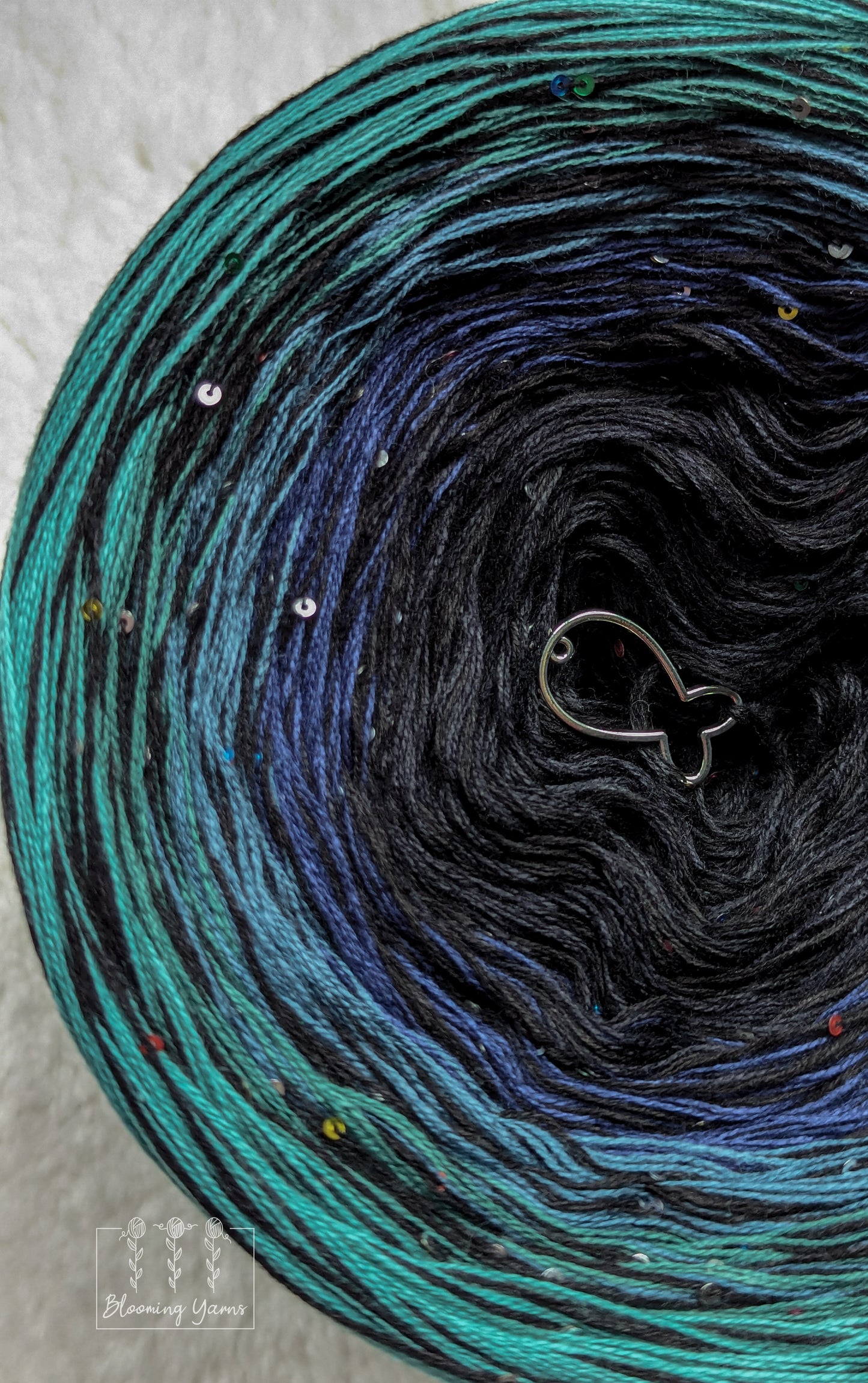 "Magpie II" ombre gradient yarn cake with sequins