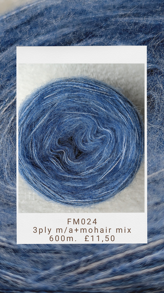 FM024 merino/acrylic melange yarn cake, 195g, about 600m, 3ply+mohair mix thread