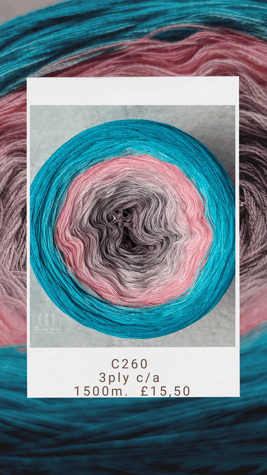C260 cotton/acrylic ombre yarn cake, 305g, about 1500m, 3ply