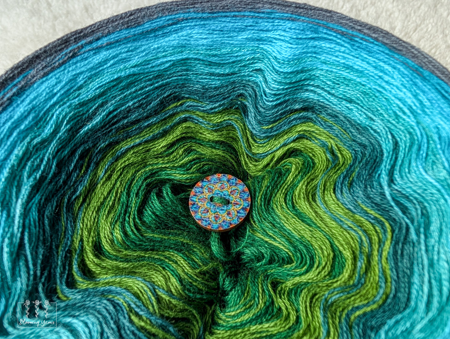 "Cypress Swamp" gradient ombre yarn cake