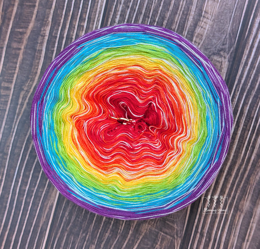 "Rainbow Birthday Cake" gradient ombre yarn cake