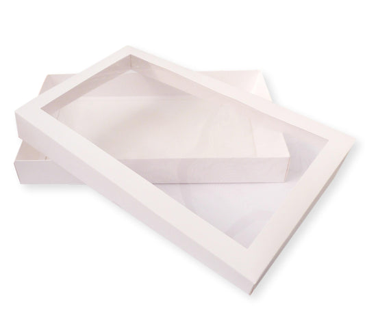 White cardboard box with window lid